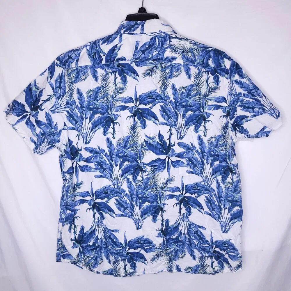 Banana Republic Linen Shirt Mens XL Floral Palm Blue, White Slim Fit